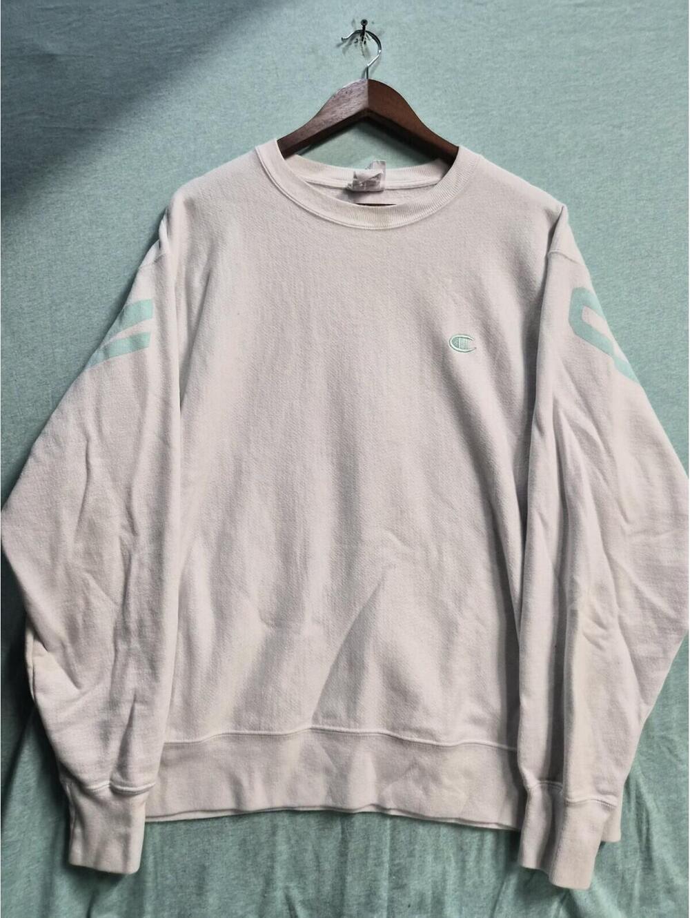 Champion Men's XL White Teal Reverse Weave Pullover Spellout Sweatshirt